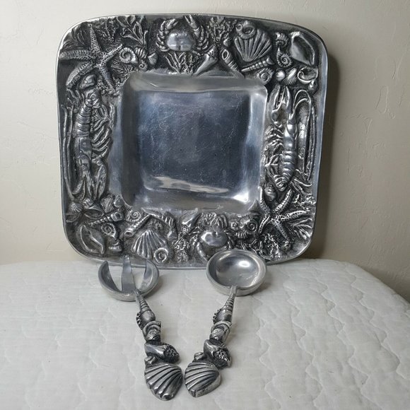 Metal Serving Platter and Spoon Fork Sea Creatures Coastal 3 Pc BETTY BARRENA - Picture 1 of 9